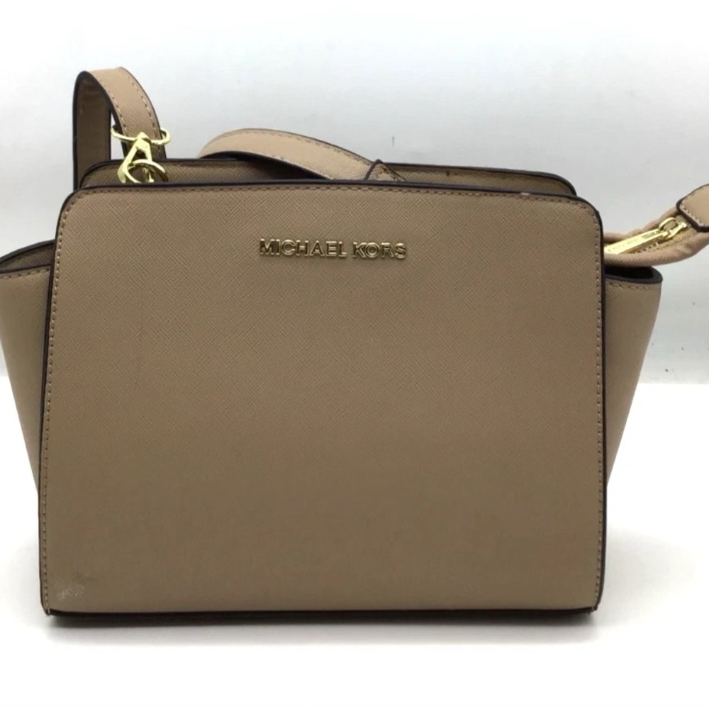 Michael Kors Selma Mini Saffiano Leather Crossbody Bag, Tan w/Gold-tone Hardware